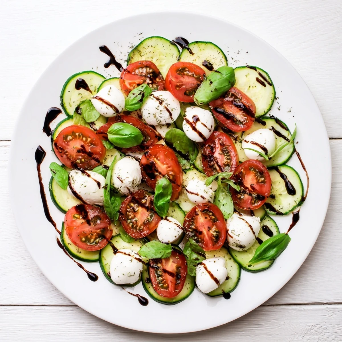 Fresh Easy Cucumber Caprese Salad with sliced cucumber, cherry tomatoes, mozzarella balls, and basil leaves drizzled with balsamic glaze.