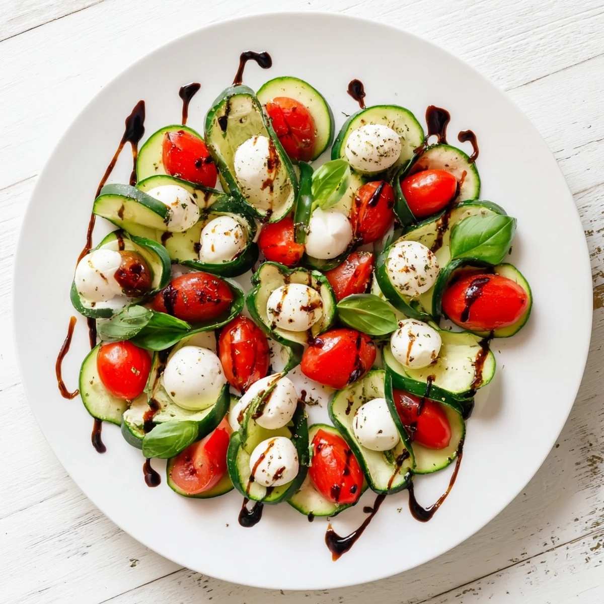 Vibrant bowl of Easy Cucumber Caprese Salad featuring crisp cucumber rounds, juicy tomatoes, and creamy mozzarella tossed with fresh basil.