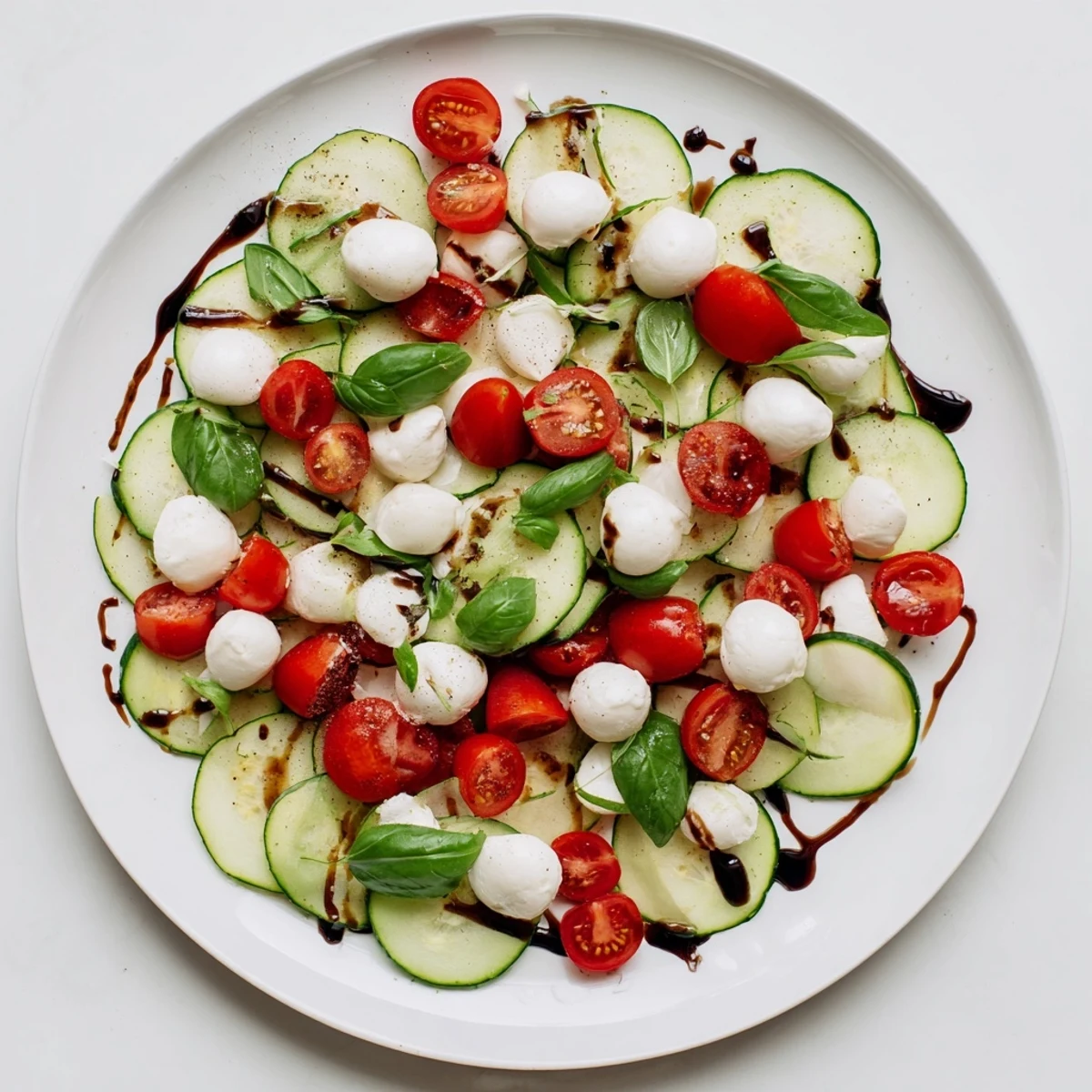Colorful Easy Cucumber Caprese Salad plated with cucumber slices, halved cherry tomatoes, and bocconcini cheese topped with fragrant torn basil.