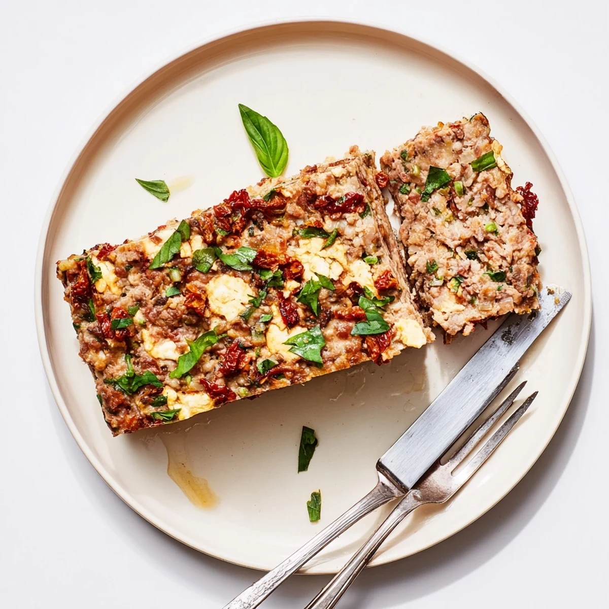 Golden Mediterranean turkey meatloaf slices garnished with fresh parsley on a serving platter