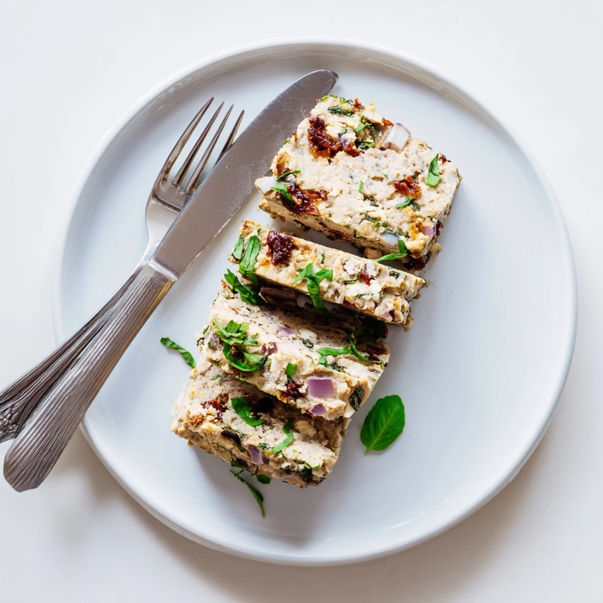 Savory Mediterranean turkey meatloaf with roasted red peppers resting on a white cutting board