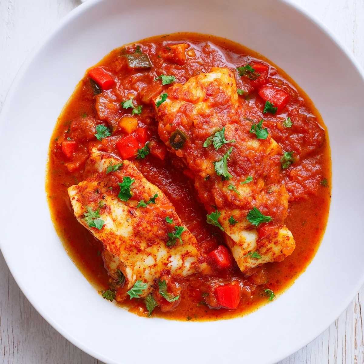 Flaky white fish simmered gently in spiced Moroccan tomato sauce with bell peppers and onions
