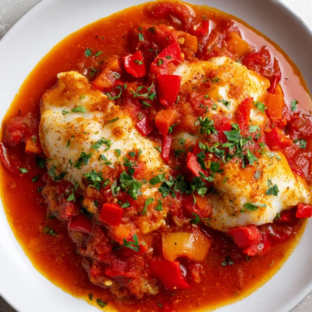 Moroccan braised fish fillets nestled in rich red tomato sauce with fresh green herbs