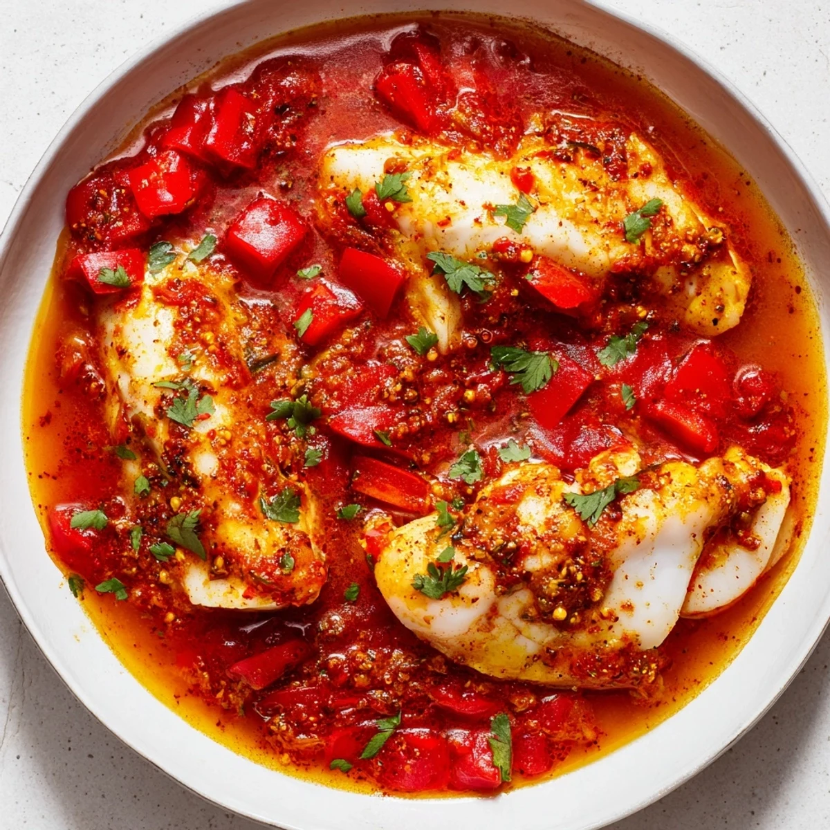 Golden Moroccan braised fish in aromatic tomato sauce served with chopped cilantro and parsley garnish