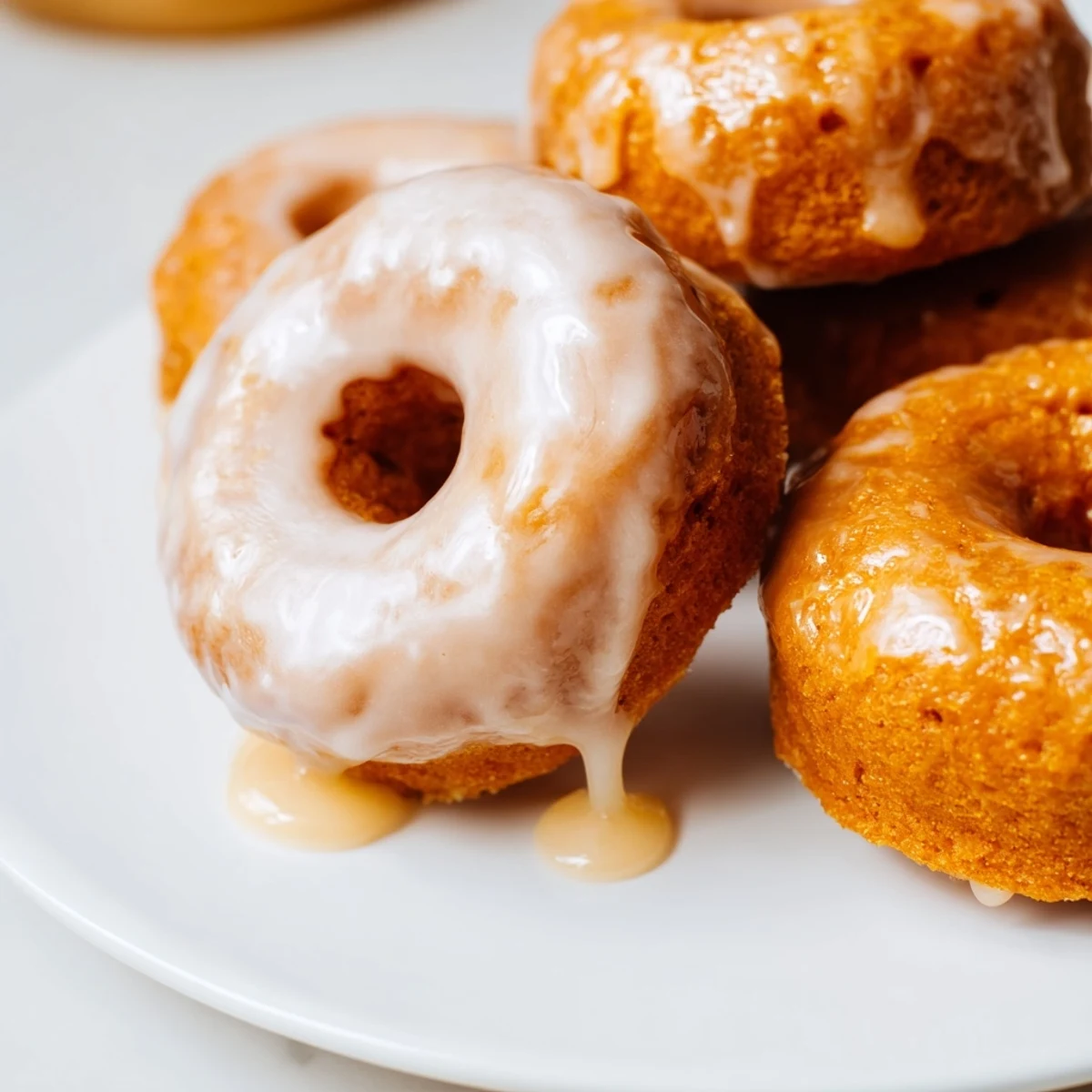 Golden glazed maple pumpkin mochi donuts with smooth maple icing drizzled over the chewy pumpkin-spiced rings
