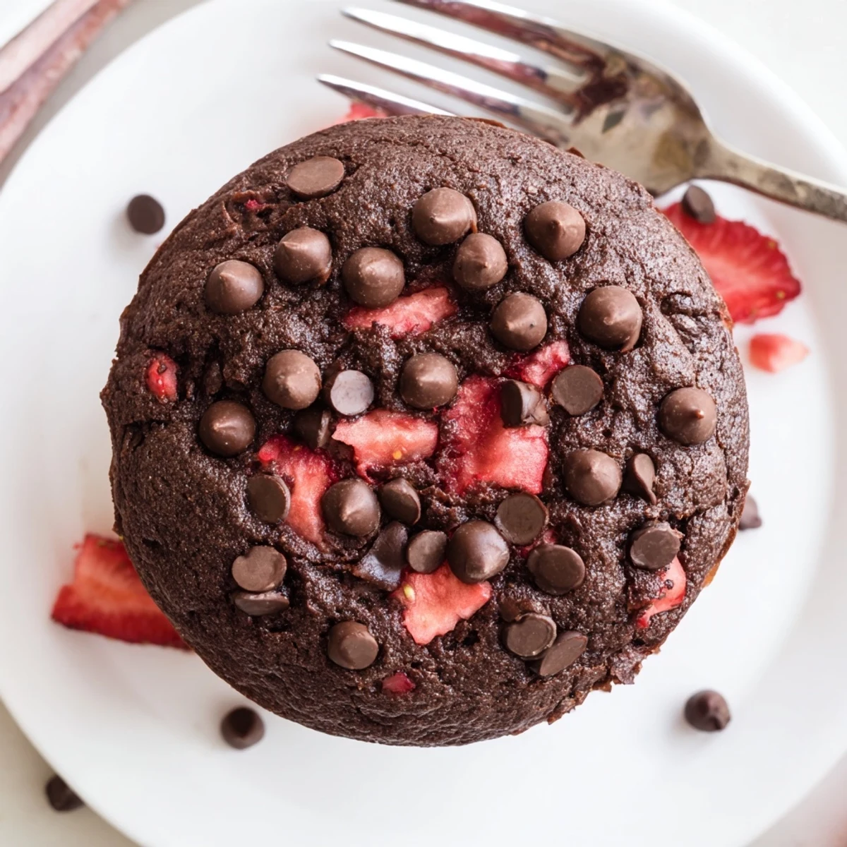 Fresh baked double chocolate strawberry muffins topped with mini chocolate chips on a wire rack