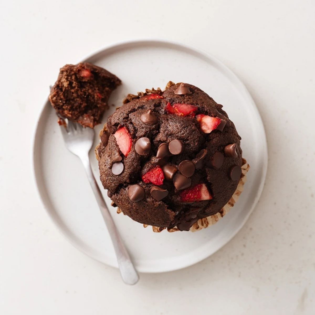 Moist double chocolate strawberry muffins with diced fresh berries and melted chocolate chips visible inside