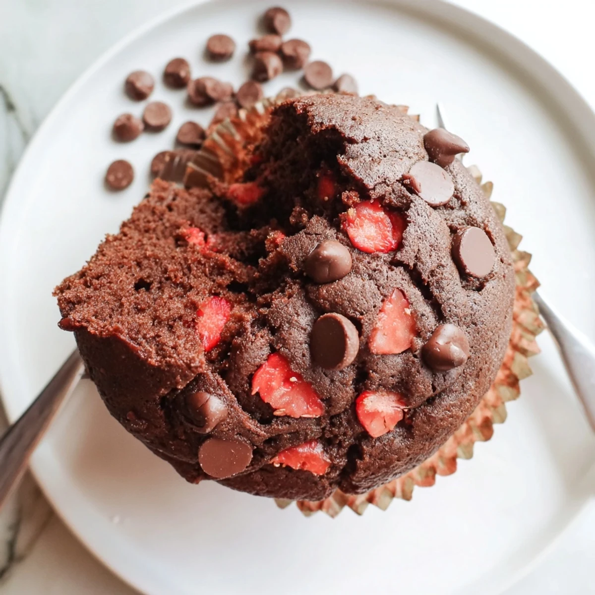 Golden double chocolate strawberry muffins cooling in a lined muffin tin with juicy strawberry pieces peeking through