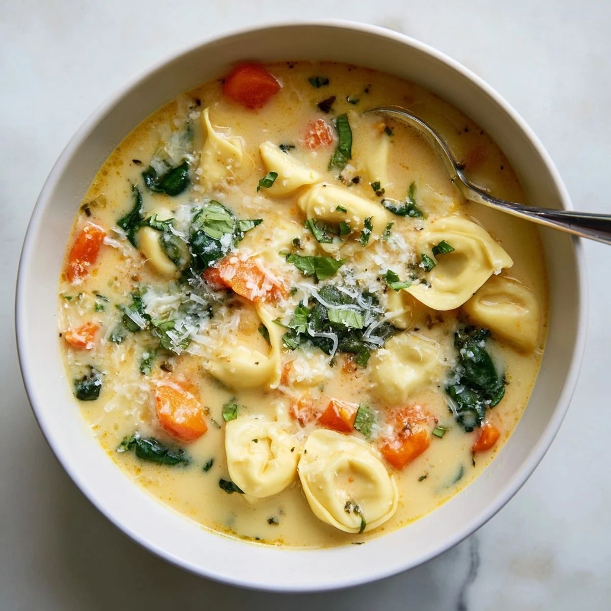 Creamy tortellini soup with tender vegetables and fresh spinach in a golden broth.