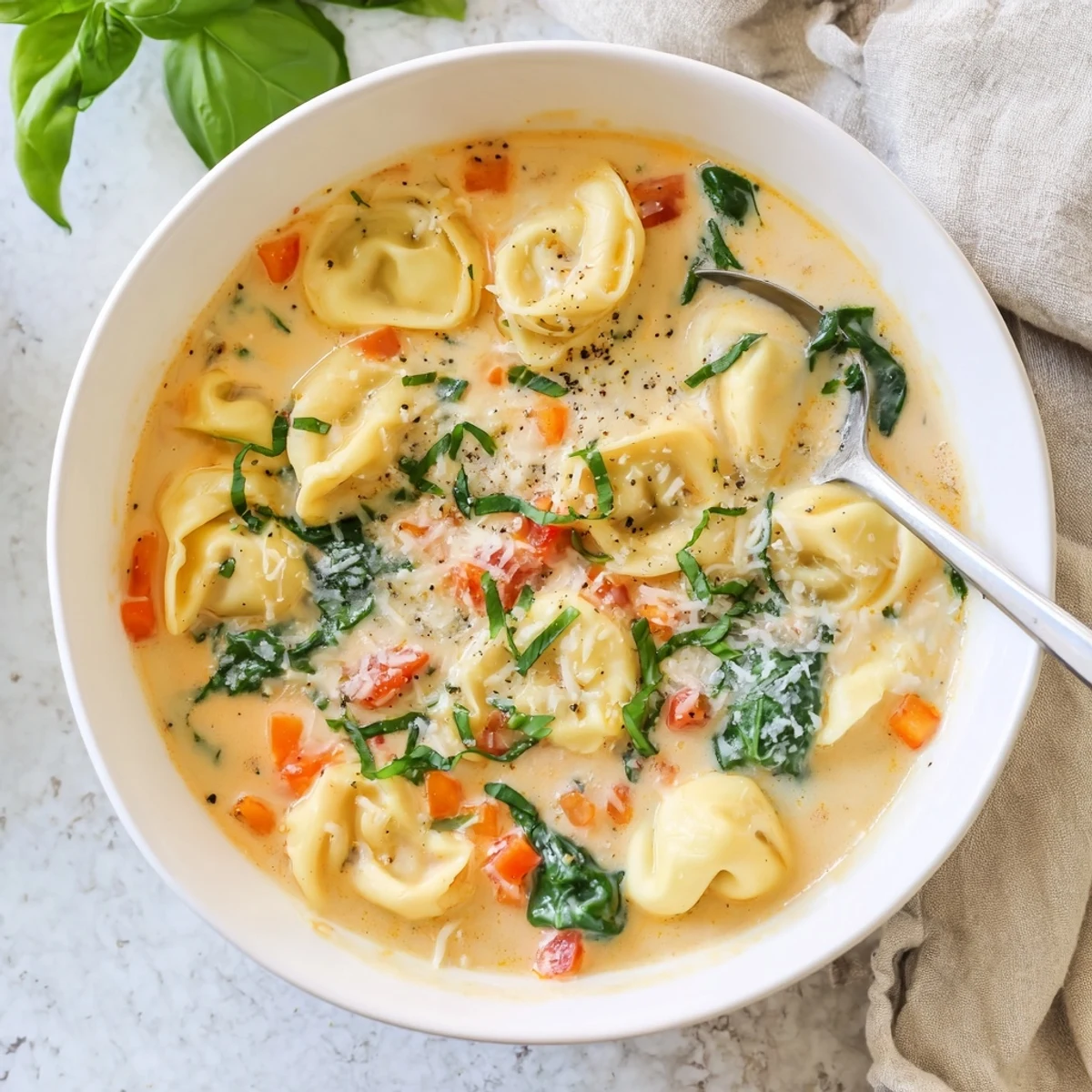 Velvety autumn soup featuring cheese-filled tortellini, colorful carrots, and wilted green spinach.