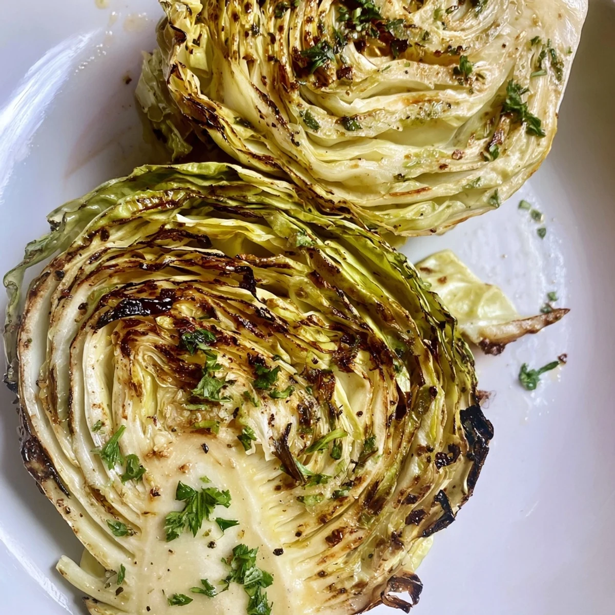 Golden brown roasted cabbage steaks with caramelized edges and savory garlic seasoning on a white baking sheet
