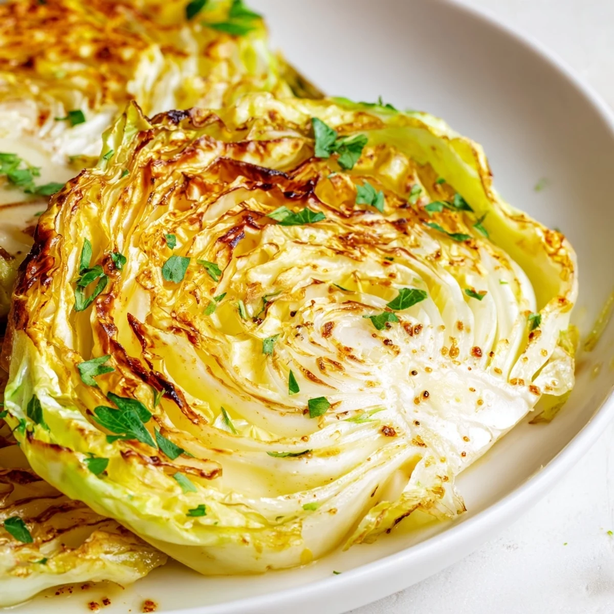 Oven-baked cabbage steaks arranged in a single layer, perfectly seasoned with olive oil and aromatic spices