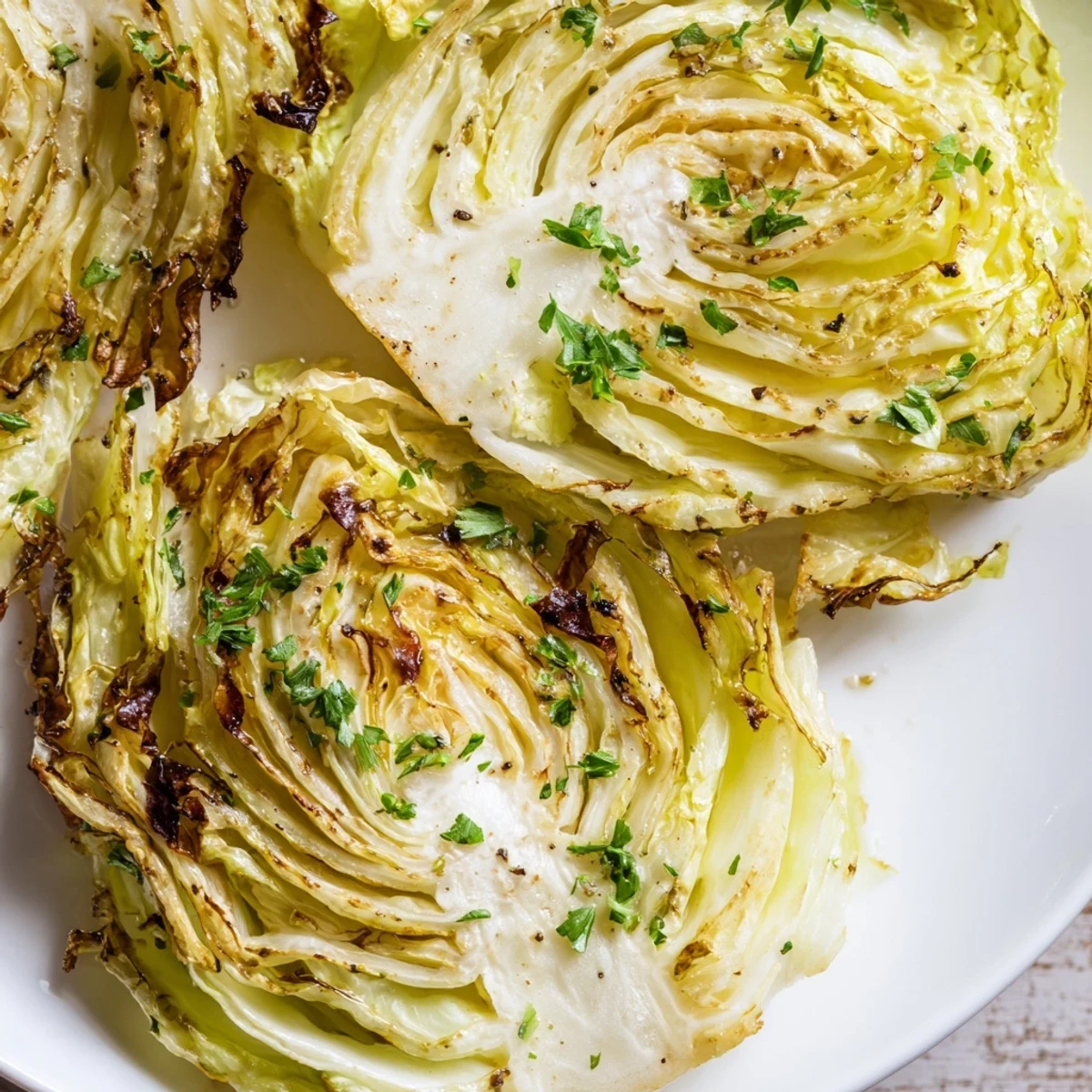 Thick slices of tender cabbage roasted until crispy and golden, dusted with smoked paprika and fresh parsley garnish