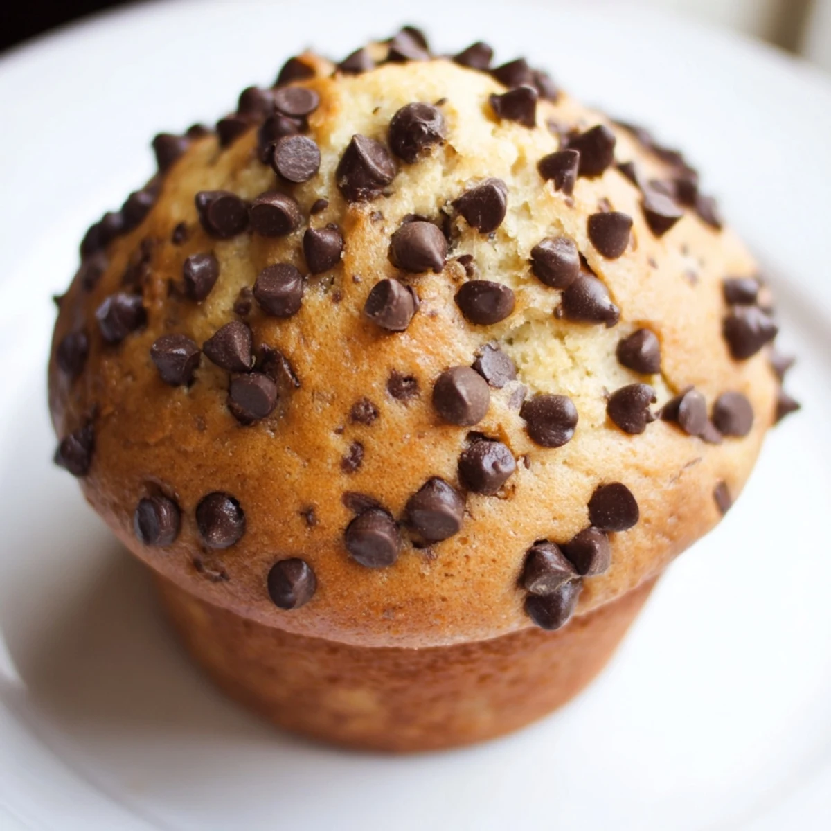 Golden bakery style chocolate chip muffins with tall domed tops and melting chocolate chunks on a paper-lined muffin tin