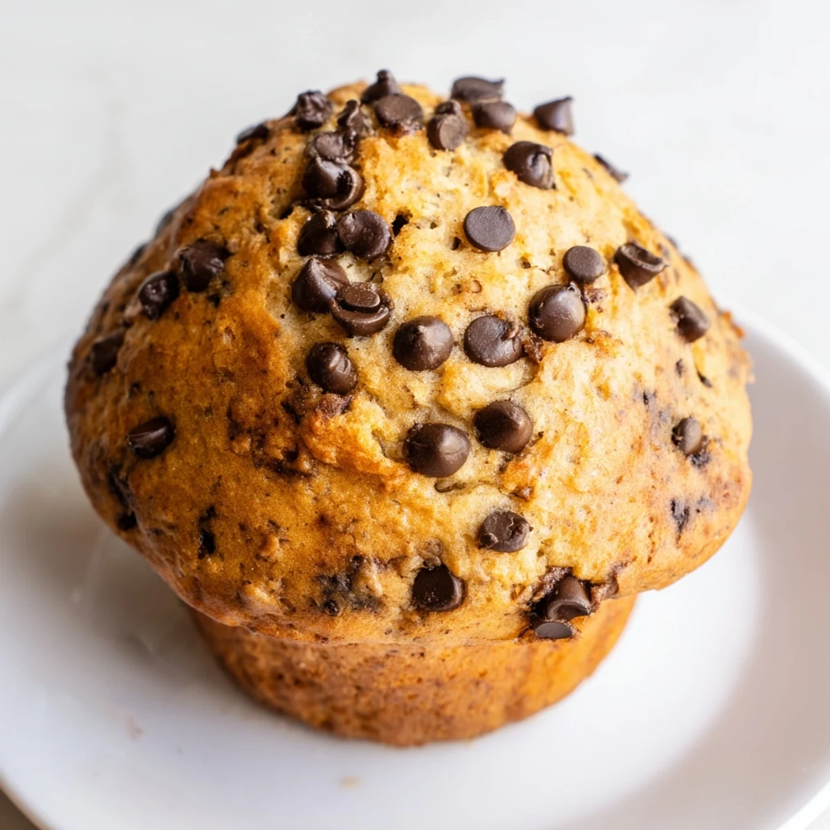 Freshly baked chocolate chip muffins displaying cracked golden crusts and plentiful chocolate morsels sprinkled across the breakfast table