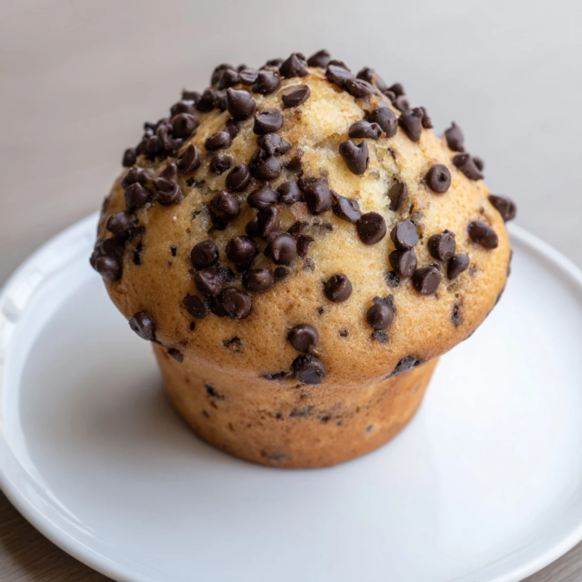 Warm bakery style chocolate chip muffins cooling on a wire rack with gooey chips peeking through the crumb