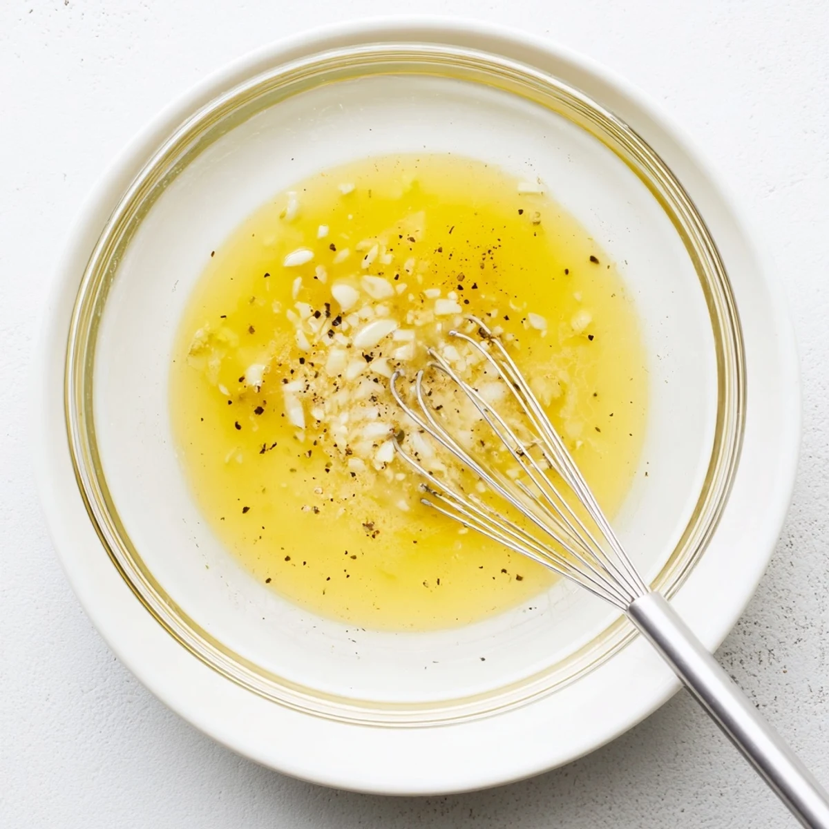 Golden Easy Lemon Vinaigrette Dressing drizzled over fresh green salad in white bowl