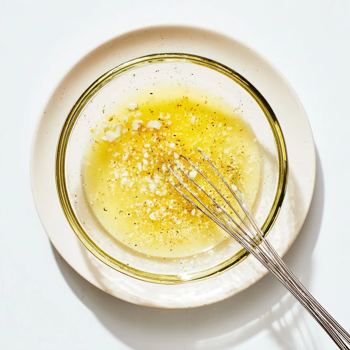 Creamy Easy Lemon Vinaigrette Dressing freshly whisked in glass jar with oil droplets