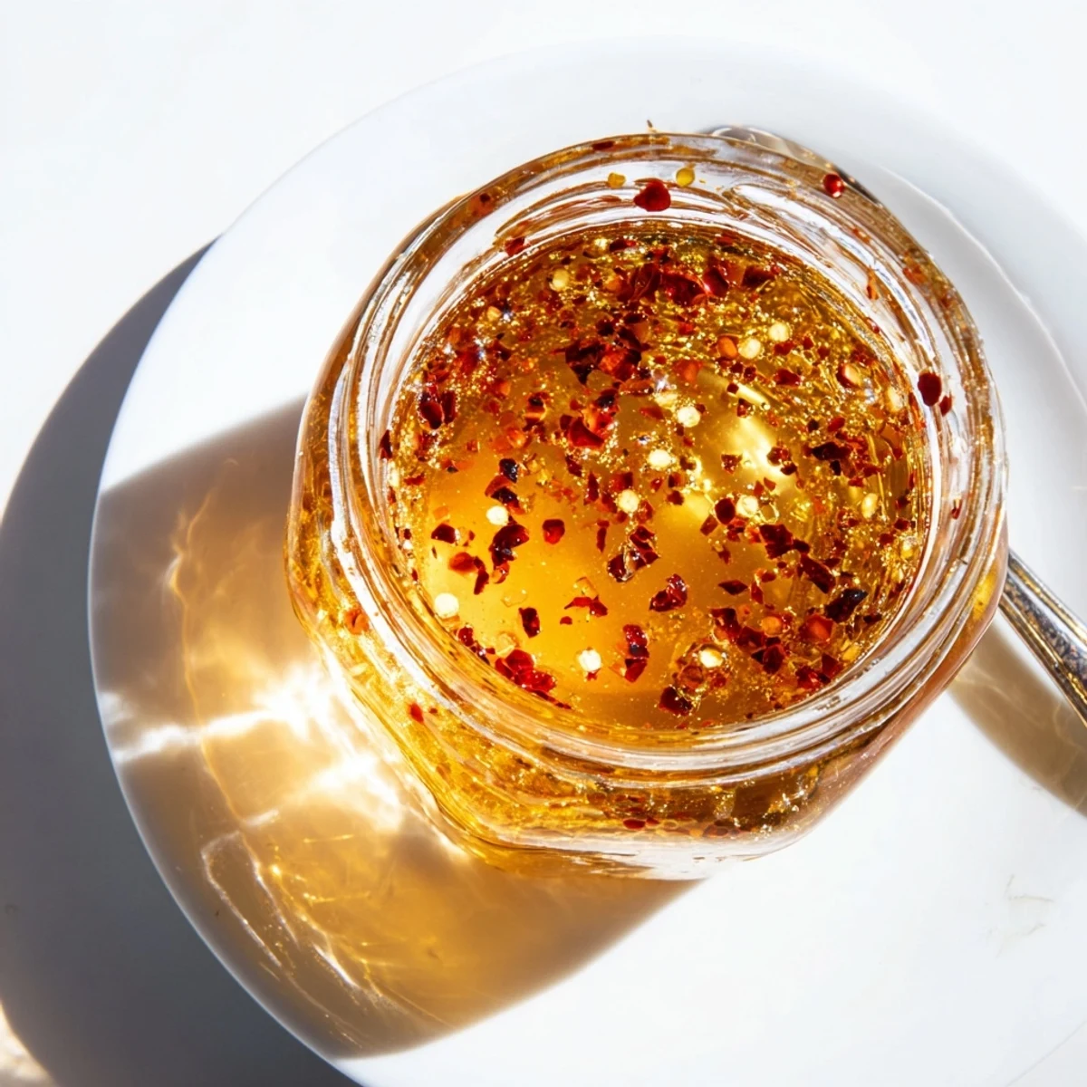 Golden homemade hot honey infused with red chili flakes drizzled over crispy fried chicken