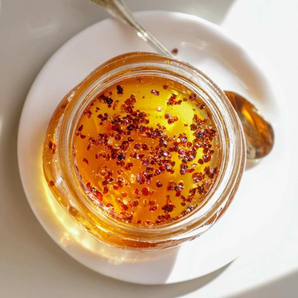 Spicy-sweet hot honey condiment in glass jar with floating pepper pieces on wooden board