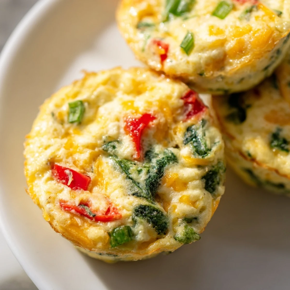 Protein-rich cottage cheese egg bites featuring fluffy texture and vibrant spinach, peppers, and green onion toppings