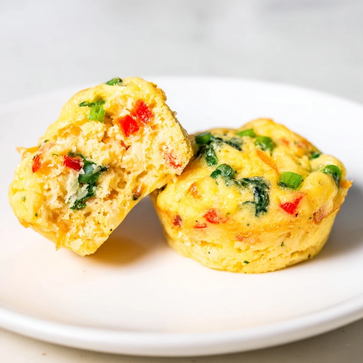 Golden brown cottage cheese egg bites with melted cheddar and colorful diced vegetables in a muffin tin