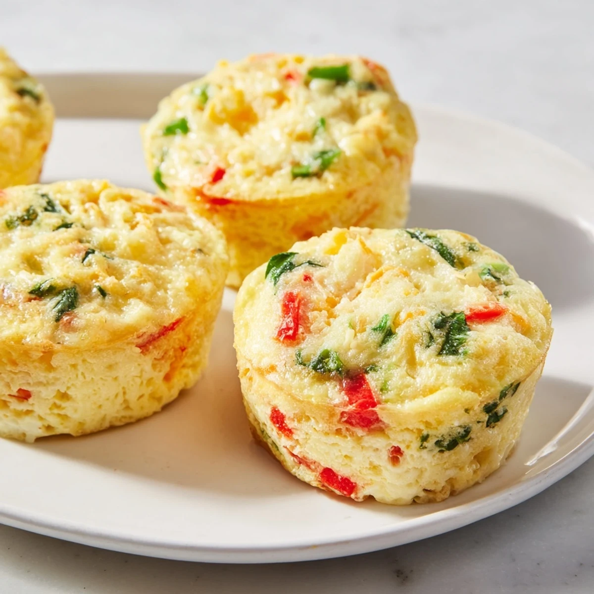 Fluffy baked cottage cheese egg bites topped with melted cheese and fresh colorful vegetable pieces ready for breakfast