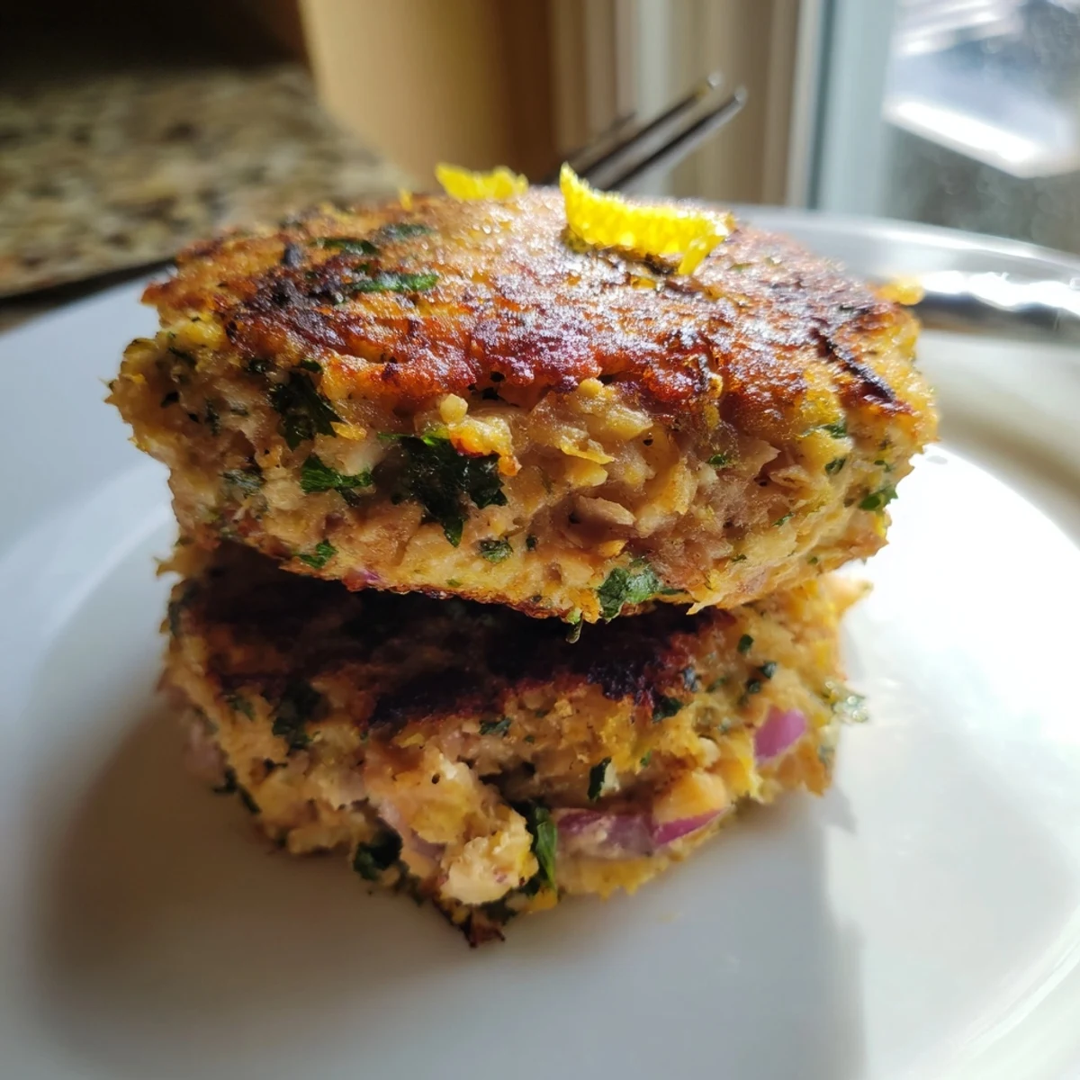 Homemade crispy tuna cakes served on a white plate with fresh lemon wedges