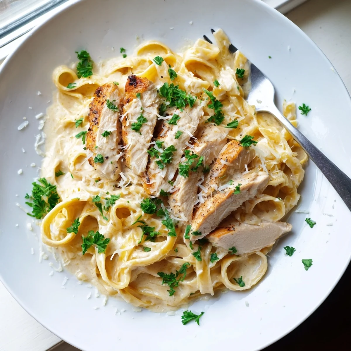 Creamy chicken Alfredo pasta with sliced chicken breast on a bed of fettuccine