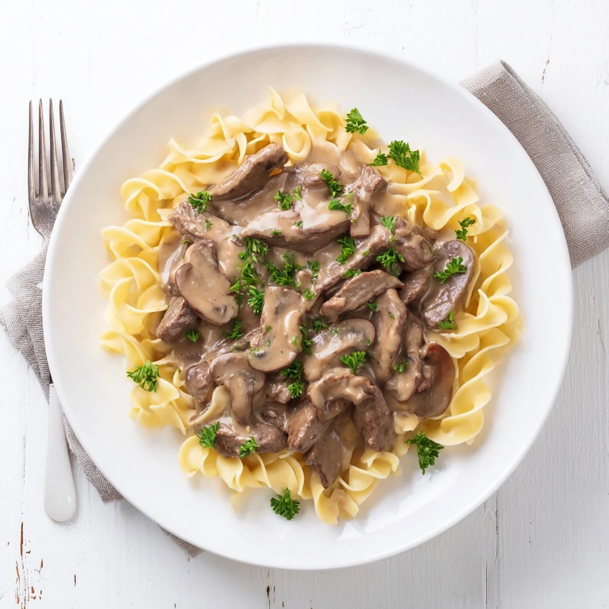 Golden mushroom sauce coating seared beef over buttery egg noodles dish