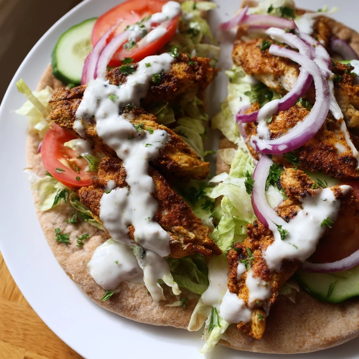 Sliced marinated chicken shawarma piled high with fresh vegetables and tangy white garlic sauce