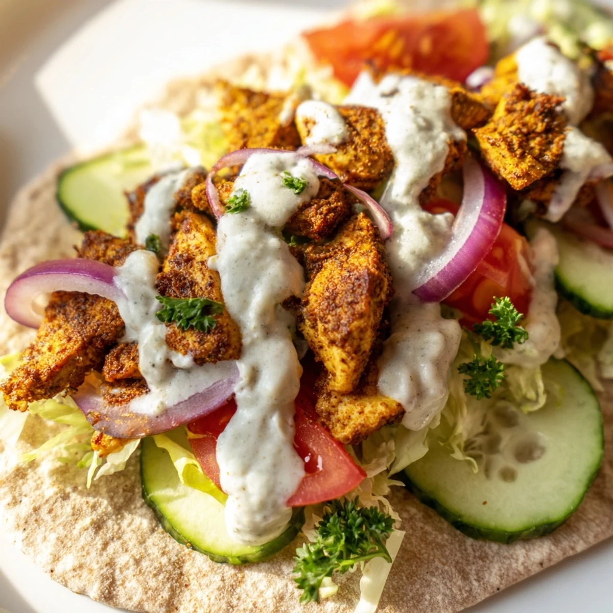 Middle Eastern chicken shawarma sandwich loaded with crisp lettuce, tomatoes, and homemade creamy garlic dressing