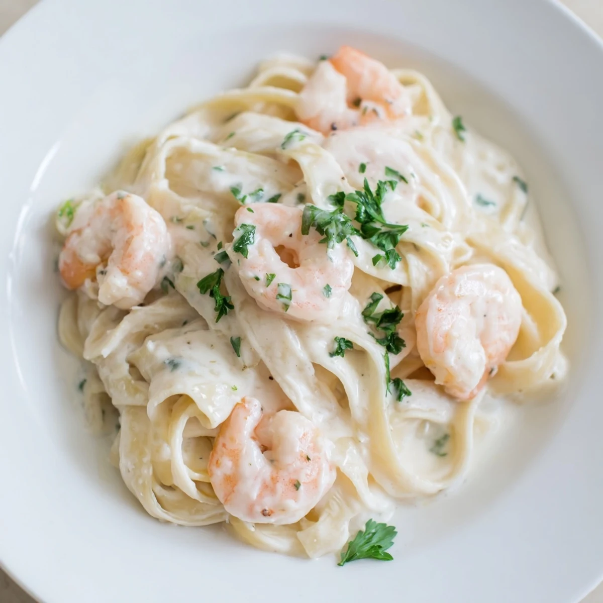 Creamy shrimp fettuccine pasta tossed in rich homemade Alfredo sauce with fresh parsley garnish