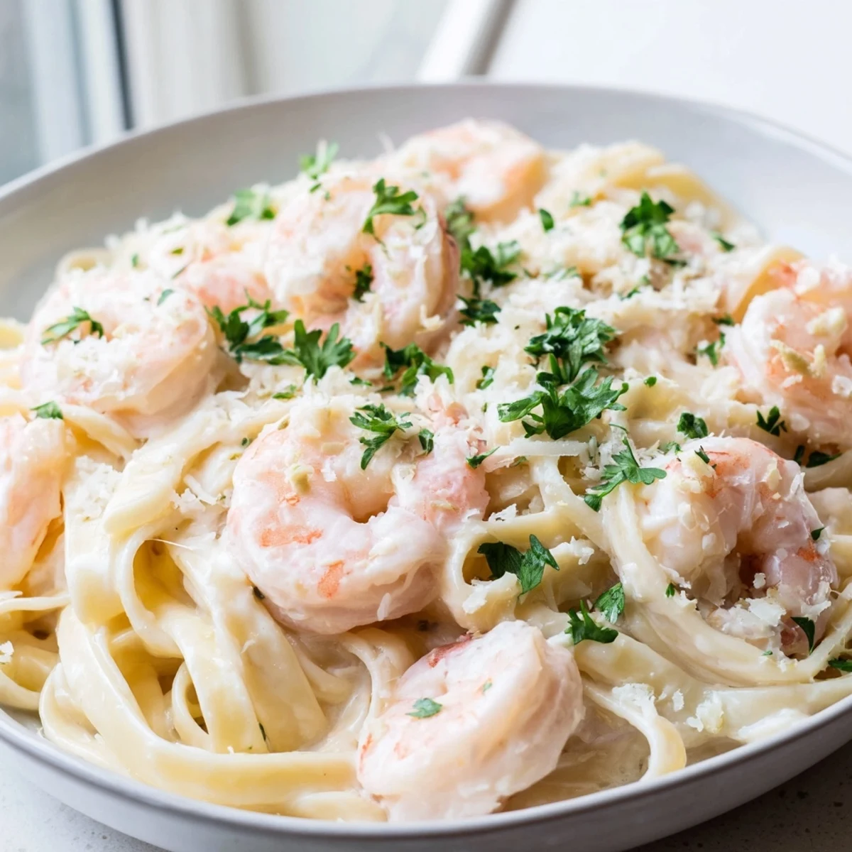 Golden brown shrimp atop tender fettuccine coated in velvety Parmesan cream sauce