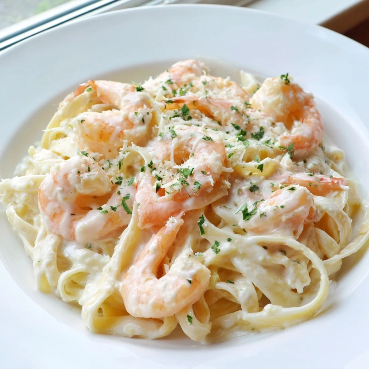 Italian-American shrimp fettuccine Alfredo plated with lemon wedges and chopped parsley