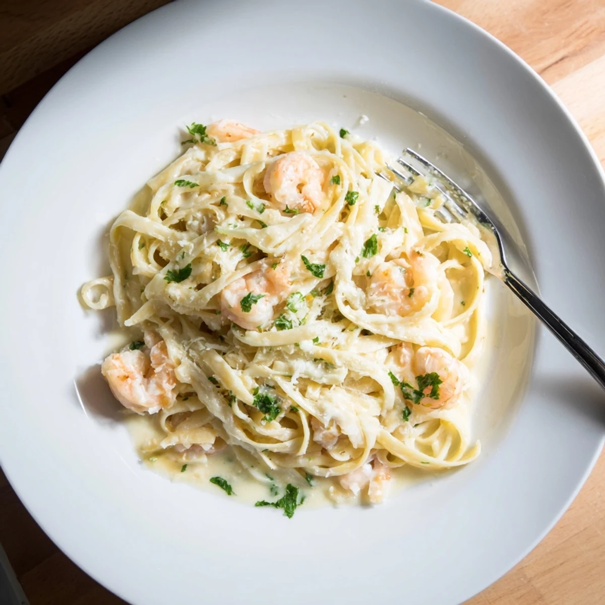 Creamy one pan shrimp fettuccine Alfredo with tender pink shrimp tossed in rich Parmesan garlic sauce