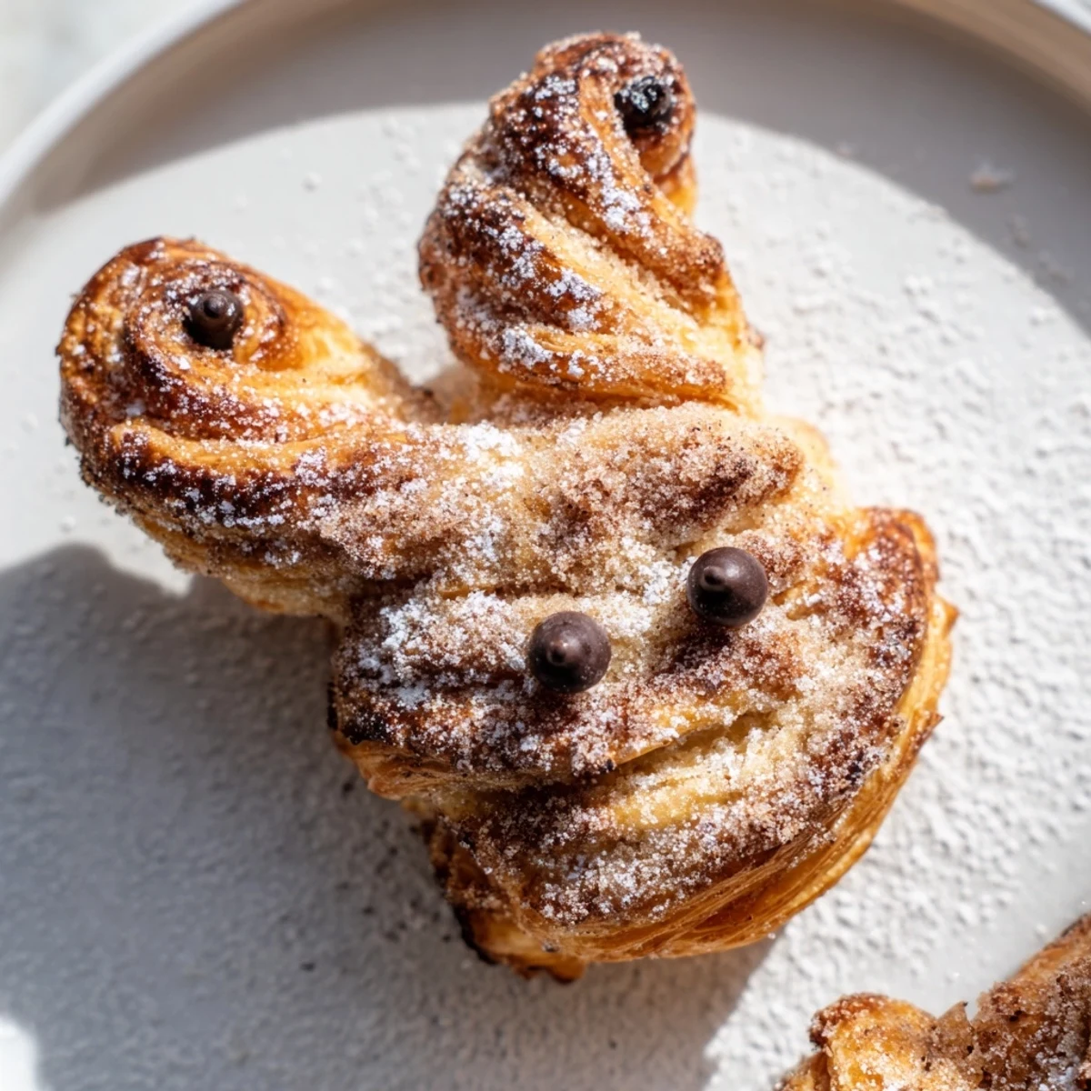 Fluffy puff pastry bunny shapes coated in sweet cinnamon sugar baked to golden perfection