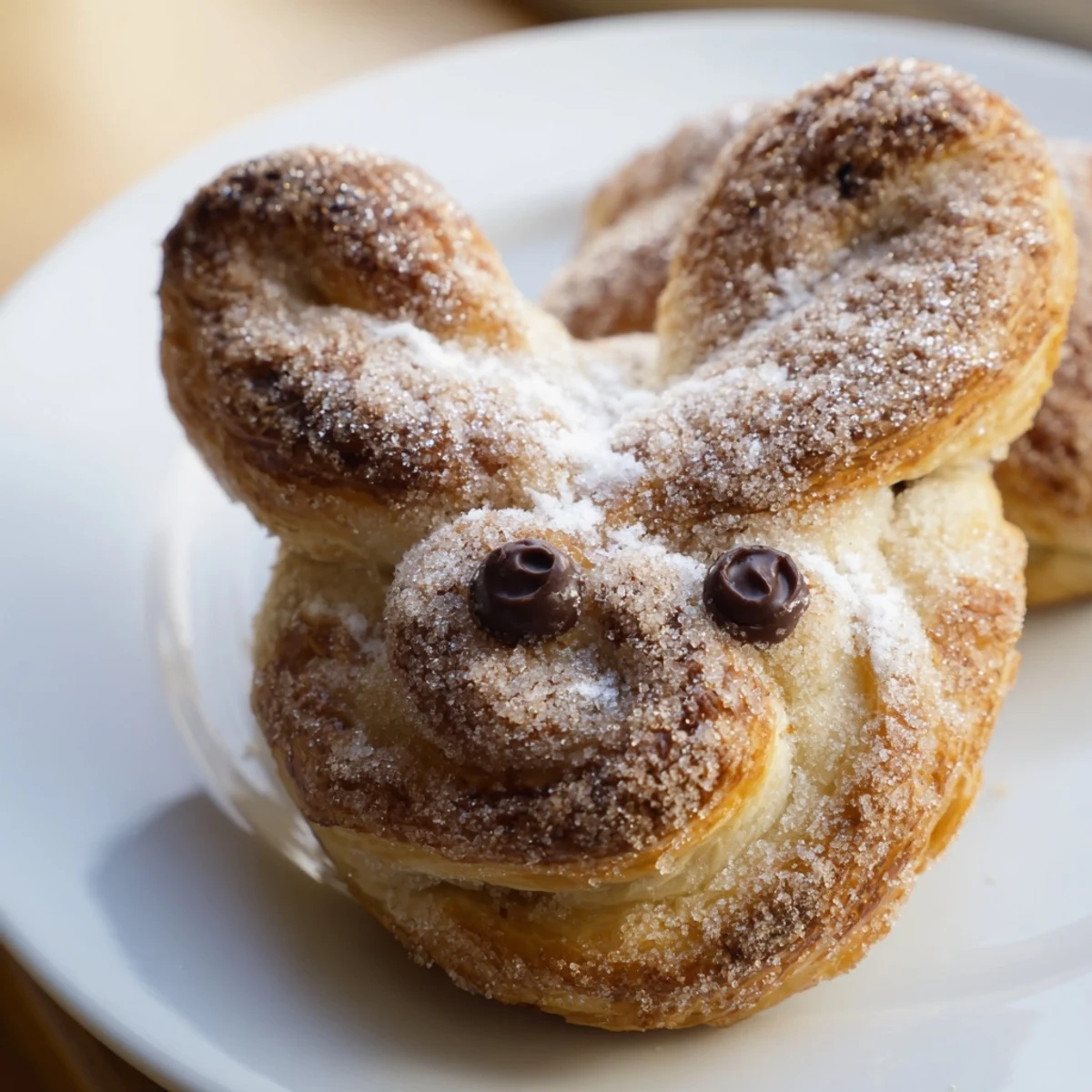 Golden cinnamon sugar Easter bunny twists on a white plate with powdered sugar dusting