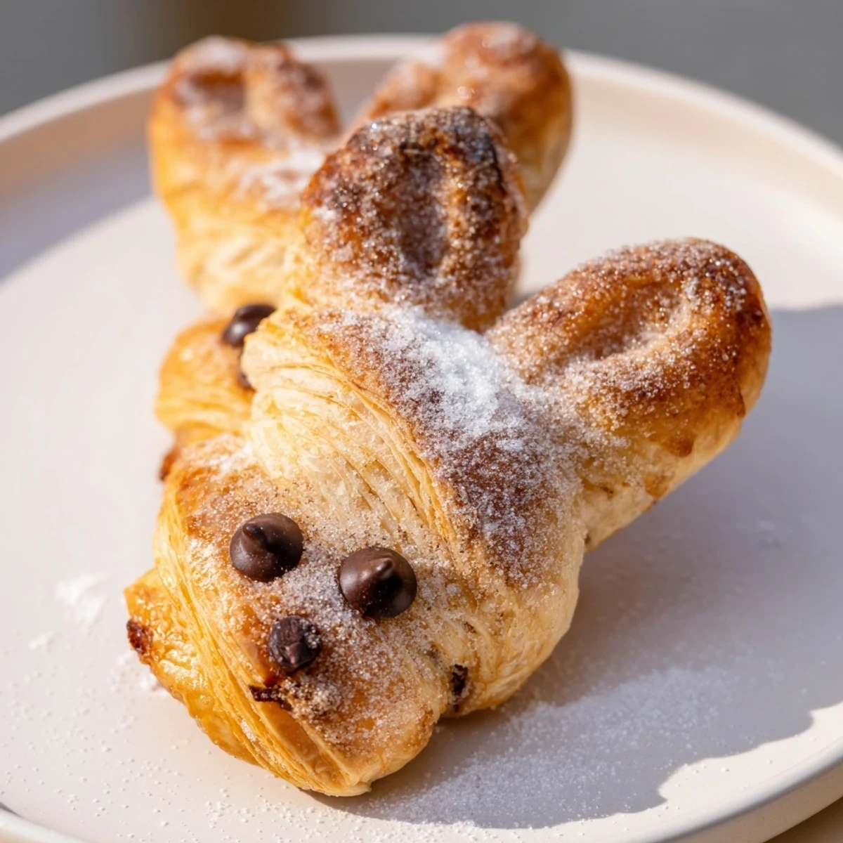 Adorable rabbit-shaped pastries sprinkled with cinnamon sugar resting on parchment paper after baking