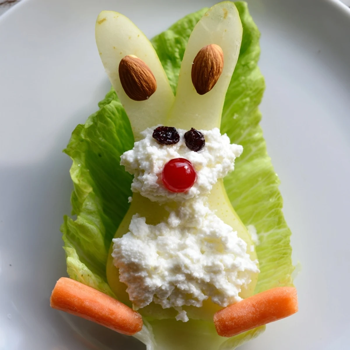 Adorable pear bunny salad with maraschino cherry noses and sliced almond ears served on green lettuce
