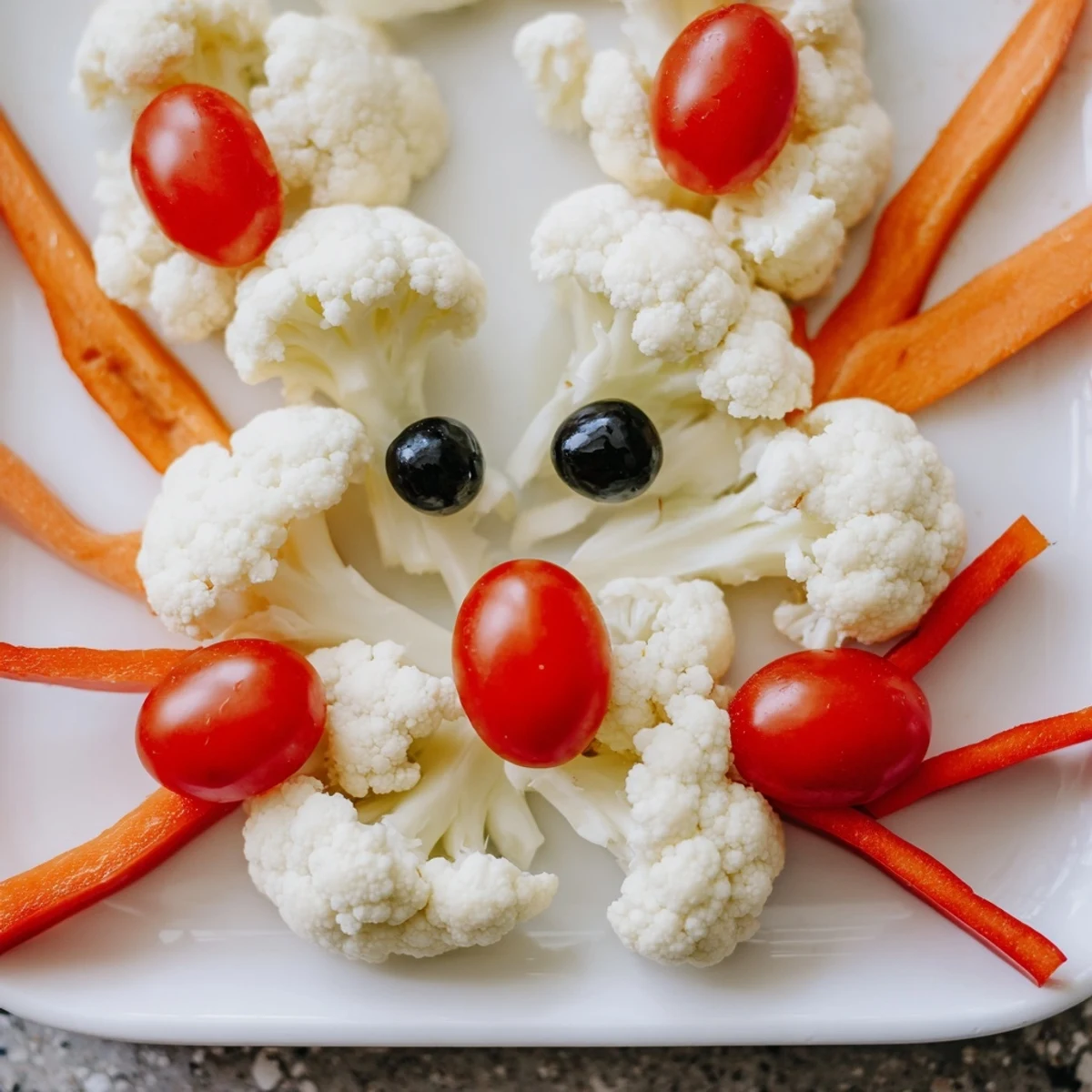 Festive Easter bunny veggie tray arranged with colorful cauliflower, cucumbers, and cherry tomatoes for spring gatherings