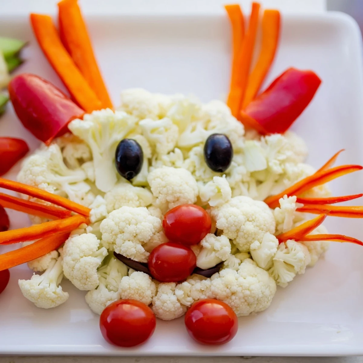 Whimsical vegetable platter shaped like a bunny featuring fresh produce and ranch dip for healthy appetizer serving