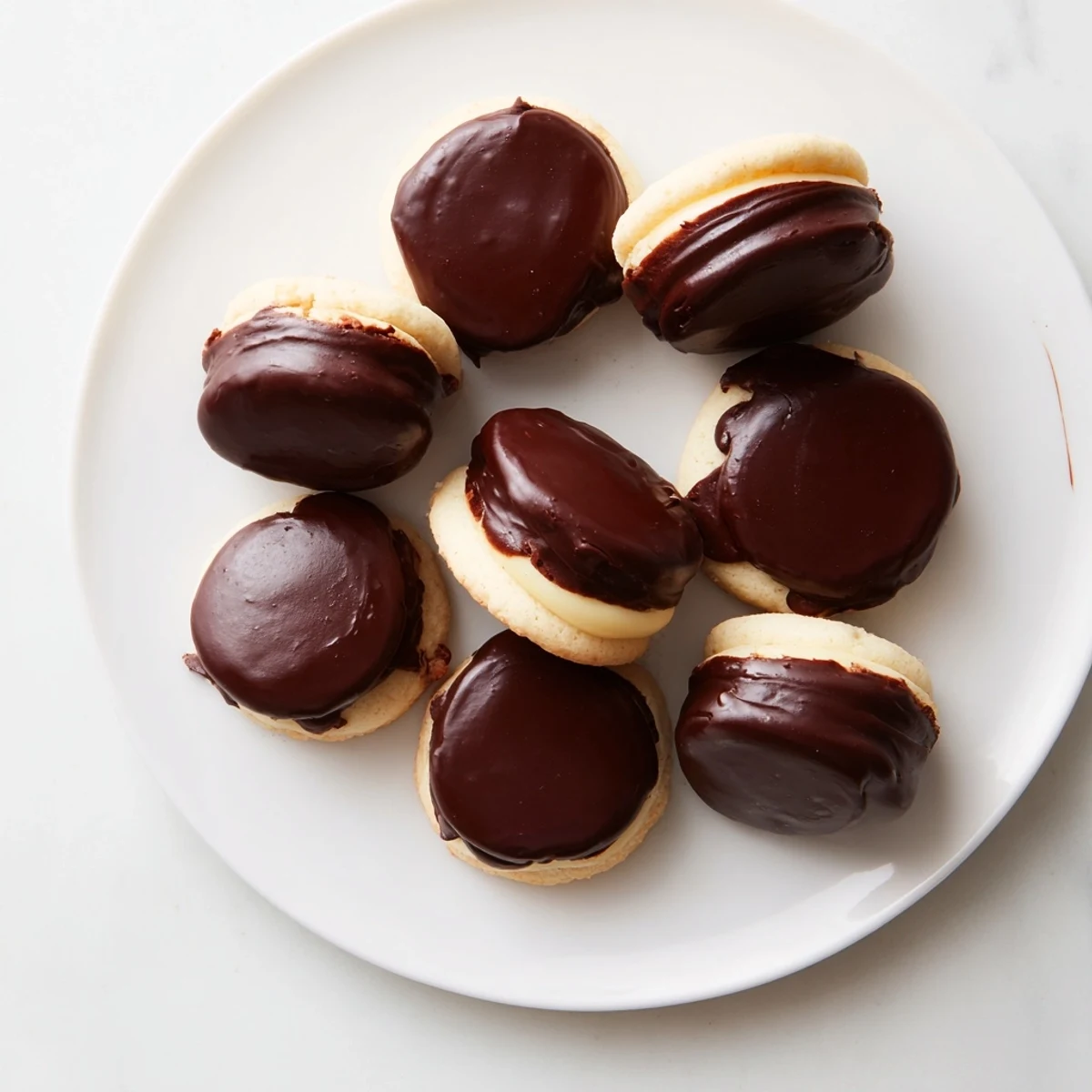 Soft vanilla sandwich cookies filled with creamy custard and rich chocolate coating