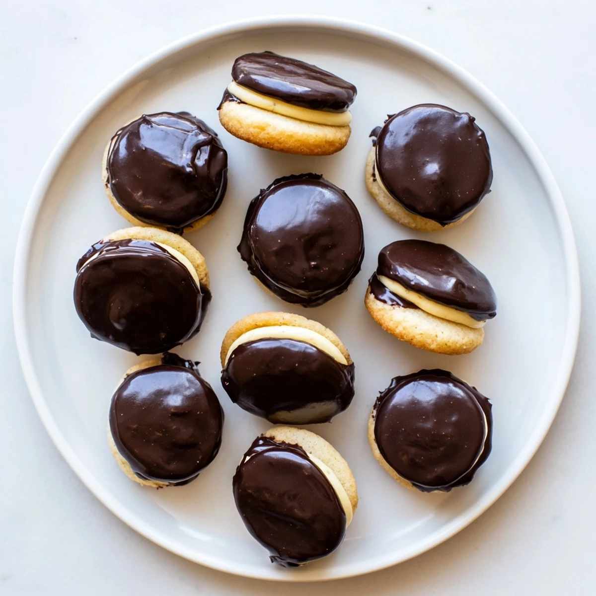 Bite-sized Boston Cream Pie cookies arranged on serving tray with chocolate dripping down sides