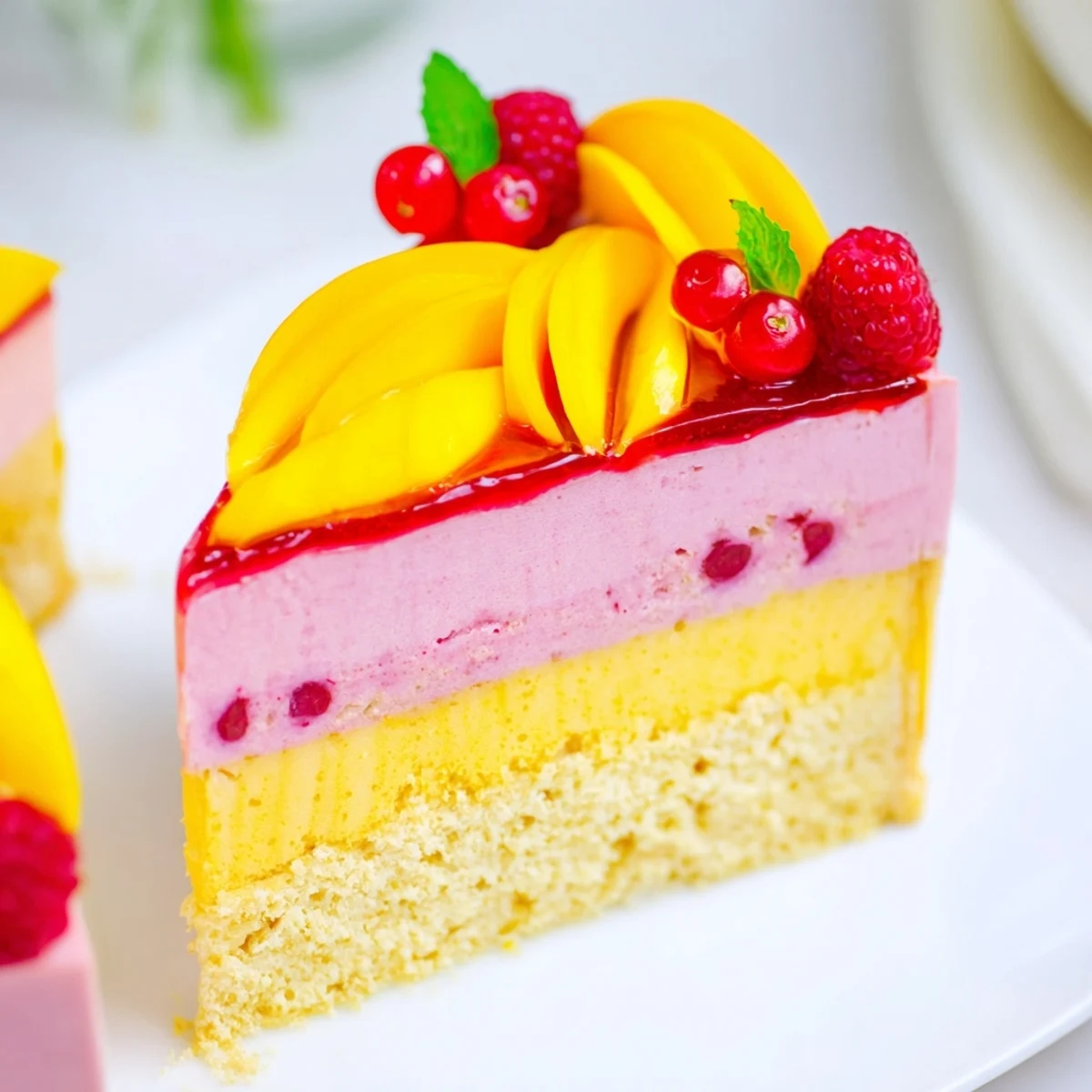 Slice of heavenly mango raspberry mousse cake showcasing vibrant fruity layers on sponge base