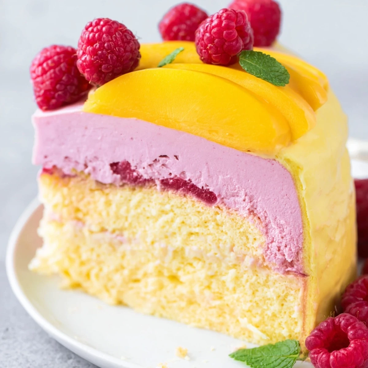 Light and airy mango raspberry mousse cake topped with fresh mango slices and red raspberries