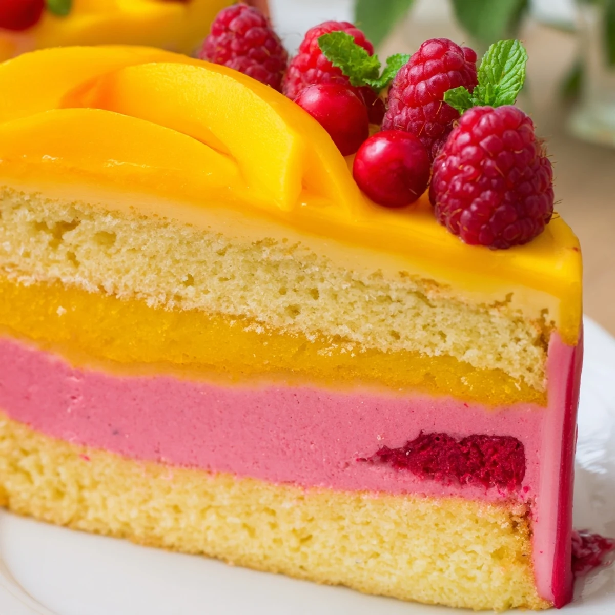 Summer dessert featuring heavenly mango raspberry mousse cake with smooth cream layers and fruit garnish