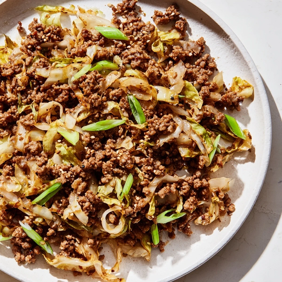Savory low carb Mongolian ground beef and cabbage stir-fry with tender vegetables in a glossy sauce