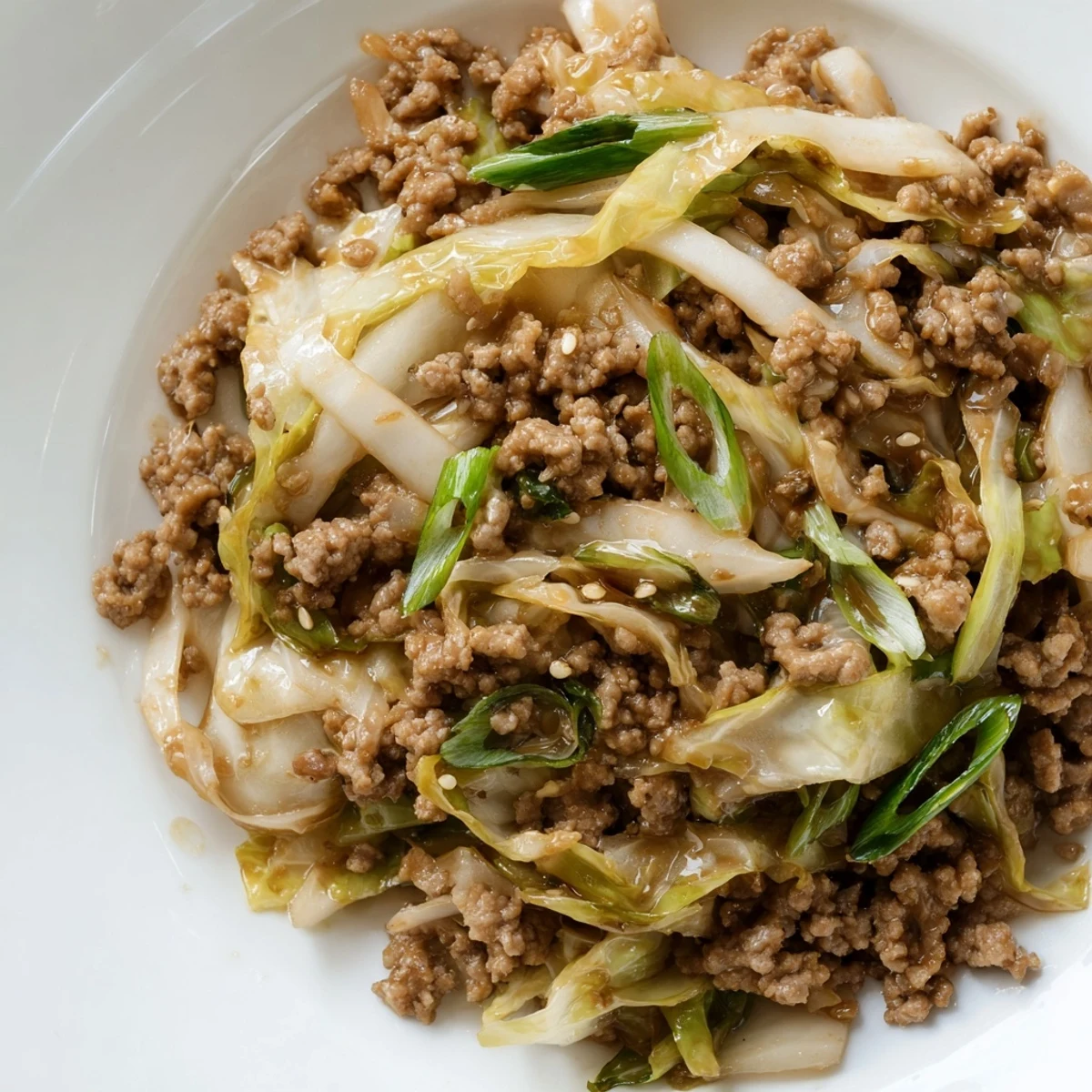 Golden brown ground beef with crisp green cabbage in this easy low carb Mongolian beef skillet dinner