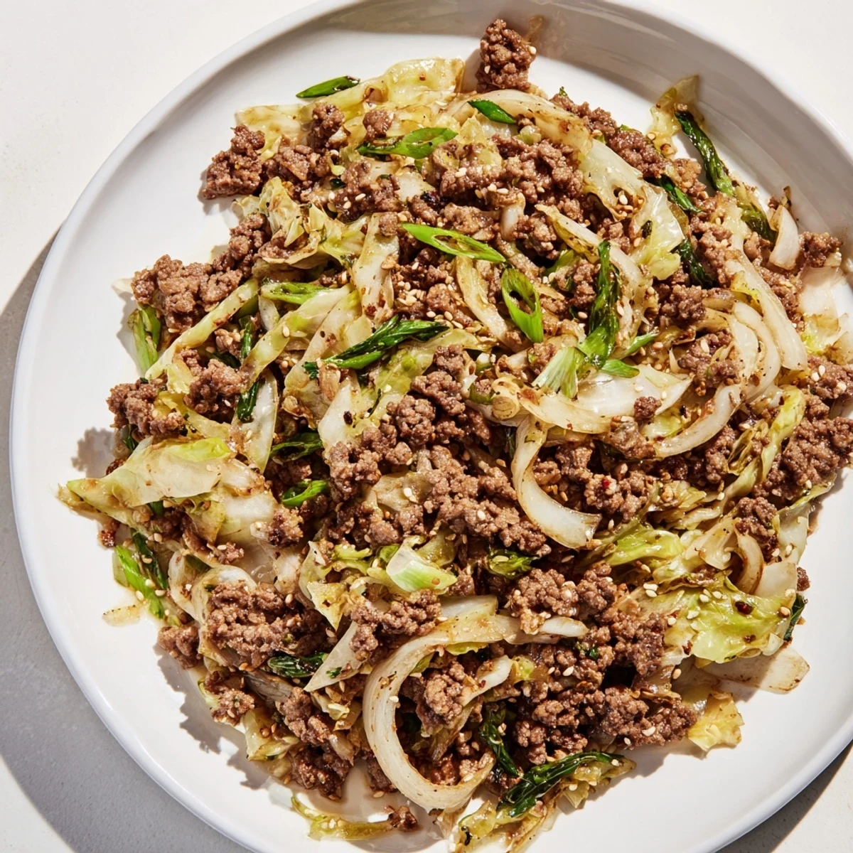 Steamy plate of low carb Mongolian ground beef and cabbage garnished with fresh green onions for a quick weeknight meal